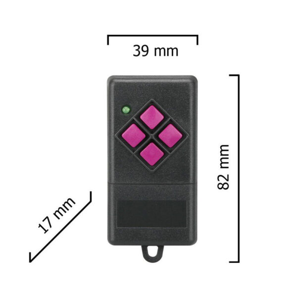 Dickert FHS10-02 Mini-Handsender 4-Kanal 40MHz FM, mit Batterie 23A, Gehäuse schwarzgrau, Tasten pink, LED grün – Bild 3