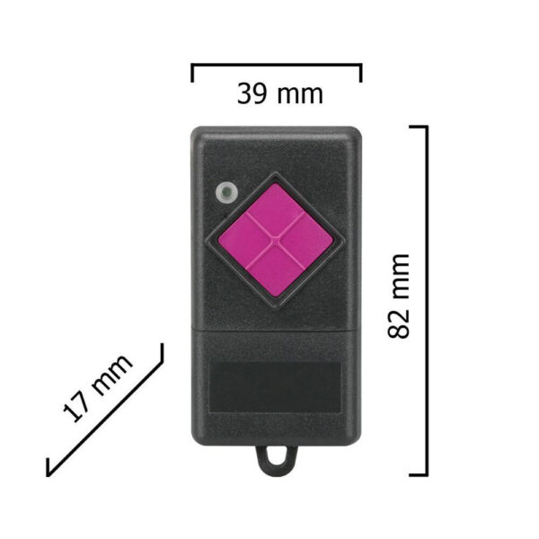 Dickert FHS10-01 Mini-Handsender 1-Kanal 40MHz FM, mit Batterie 23A, Gehäuse schwarzgrau, Tasten pink, LED grün – Bild 3