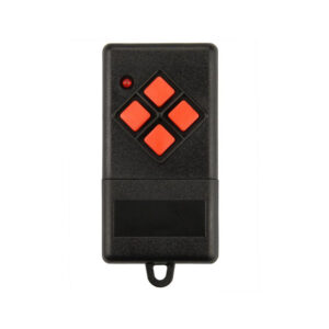 Dickert MAHS27-04 Mini-Handsender, 4-Kanal 27MHz AM, mit Batterie 23A, Linear-Code, Dip-Schalter, Gehäuse tiefschwarz, Tasten blutorange