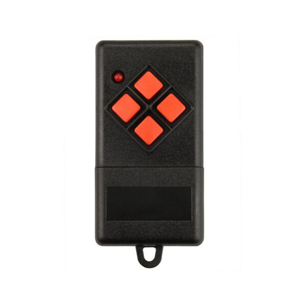 Dickert MAHS27-04 Mini-Handsender, 4-Kanal 27MHz AM, mit Batterie 23A, Linear-Code, Dip-Schalter, Gehäuse tiefschwarz, Tasten blutorange