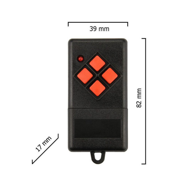 Dickert MAHS27-04 Mini-Handsender, 4-Kanal 27MHz AM, mit Batterie 23A, Linear-Code, Dip-Schalter, Gehäuse tiefschwarz, Tasten blutorange – Bild 3